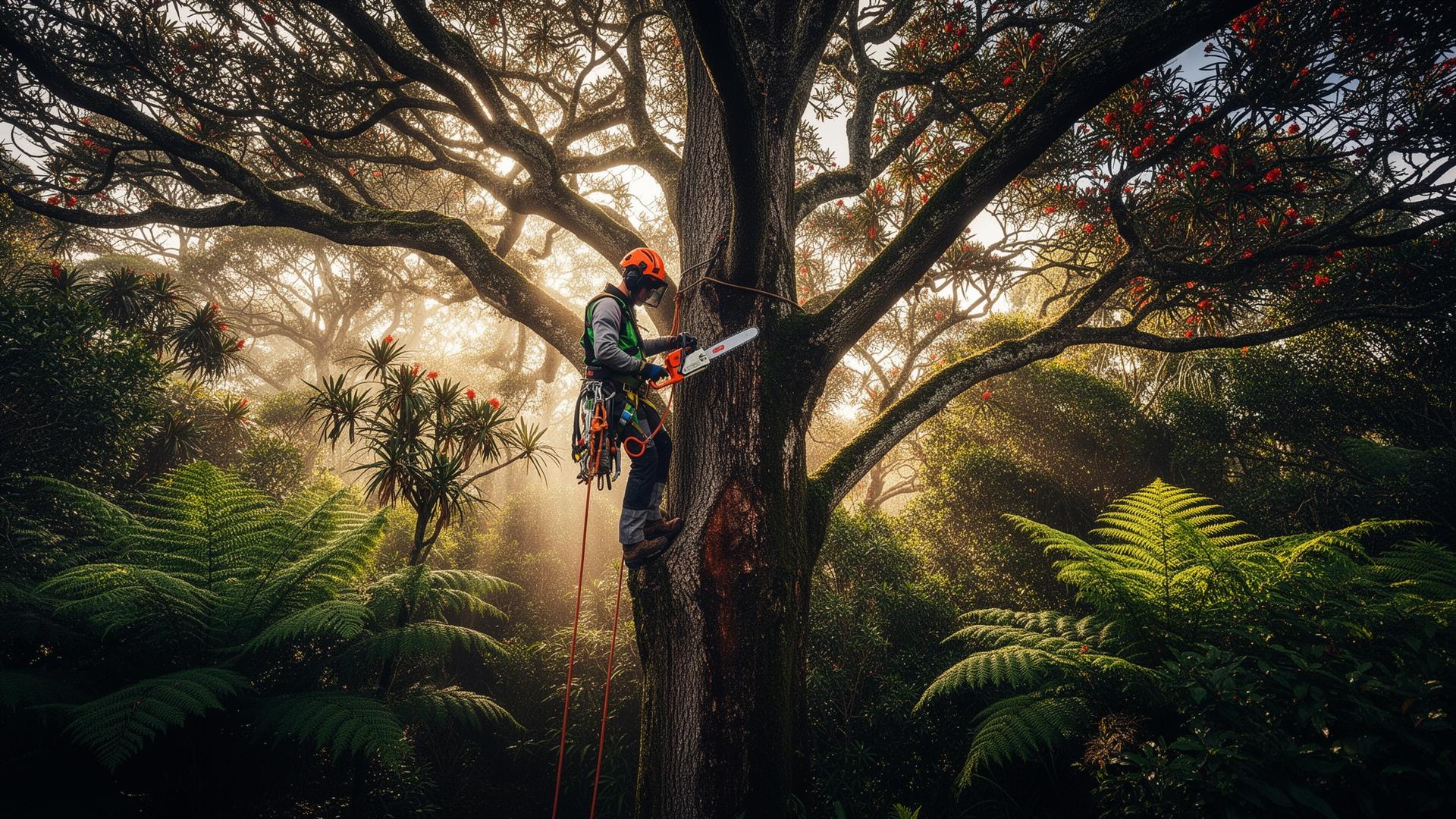Professional arborist safely working in a tree with climbing harness in New Zealand native bush